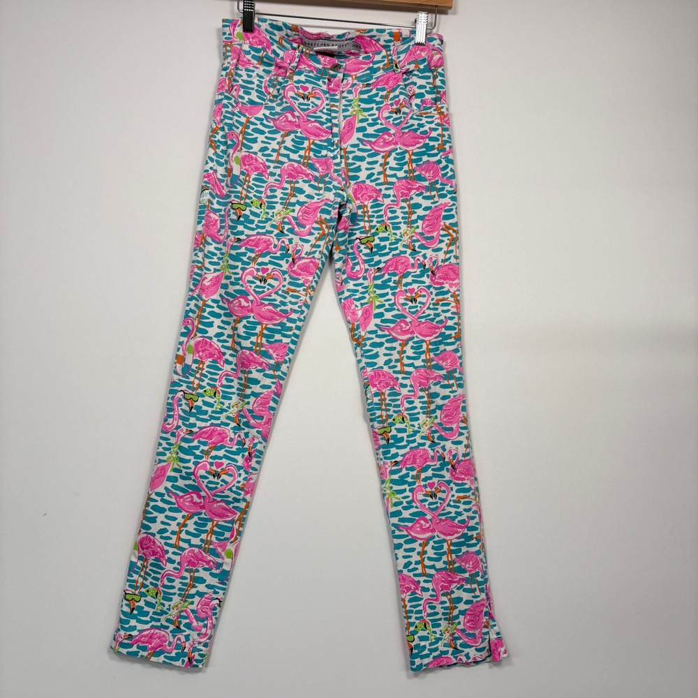 Gretchen Scott Women Pants S Pink Blue Flamingo Print Stretch Cotton Trousers